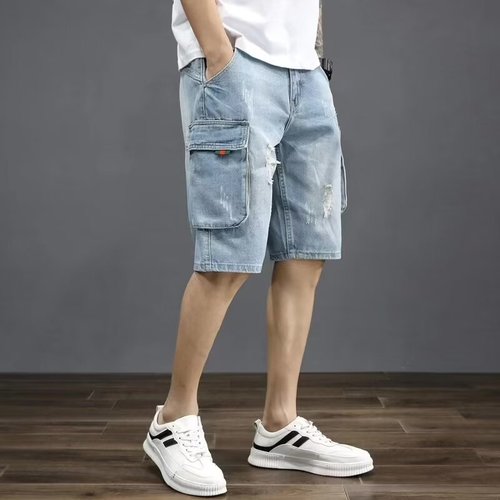 Summer casual multi-pocket loose denim shorts for men, trendy loose work pants, retro jeans, five-pocket shorts