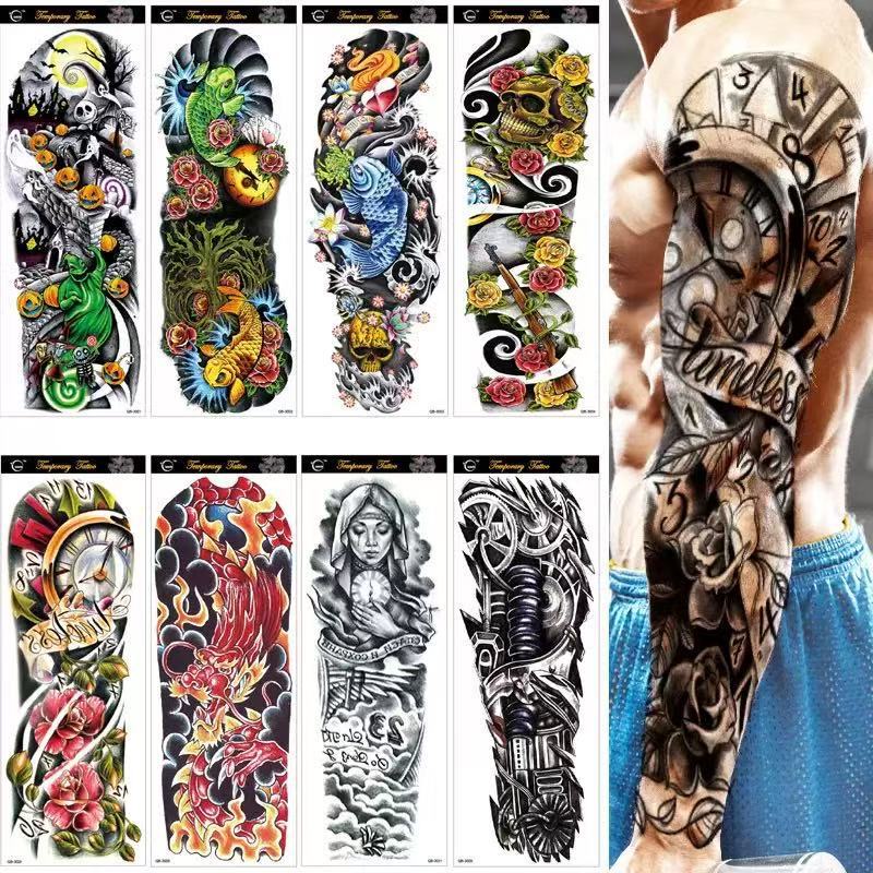 Full arm temporary tattoo eye clock lion skull gear manipulator warrior art waterproof sticker female Totem