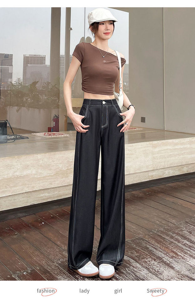 Quần ống rộng giả denim Lyocell Tencel cạp cao dáng mỏng, form suông rủ nhẹ — Denim đen thông thường, Người nhỏ nhắn màu trắng, Quần jean đen cho người nhỏ nhắn, Quần jean đen dáng dài chi tiết 26