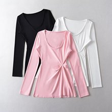 纯欲V领垂感长袖T恤慵懒宽松正肩收腰纸片人罩衫薄款中长上衣