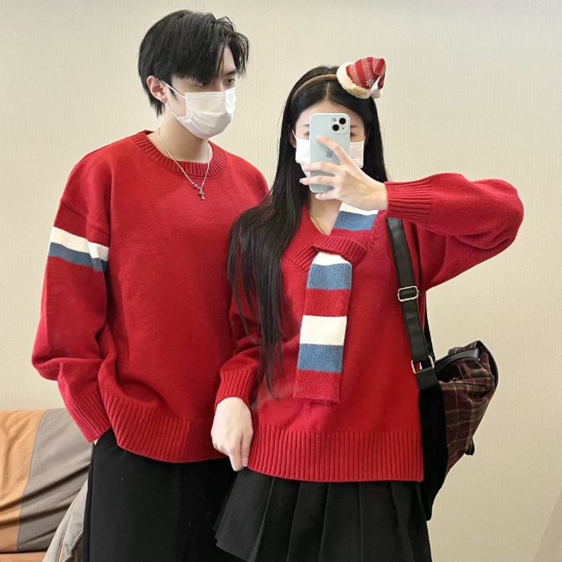 커플 새해 가을 겨울 크리스마스 빨간 니트 스웨터 토스트 두꺼운 스웨터