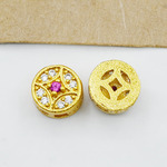 古法沙金铜立体镂空镶锆石圆形钱币隔珠串珠吊坠diy文玩精致饰品