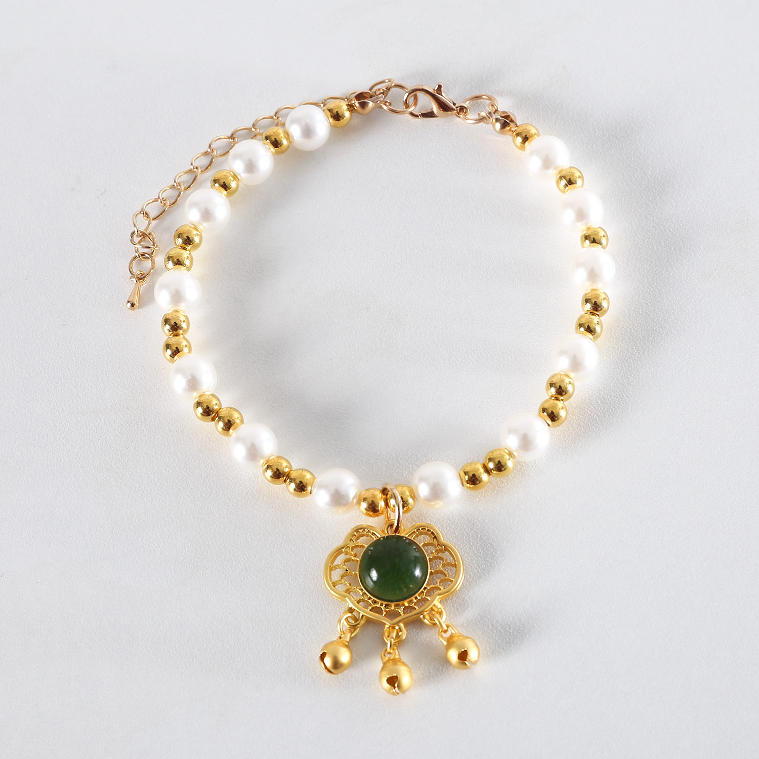 Mascotas de Año Nuevo collar de oro perlas gatos perros gemas campanas colgante de cerradura de larga vida collar de primavera china