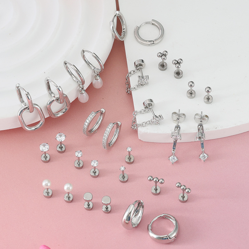 30-Piece Set Stainless Steel Zircon-Encrusted Earrings and Hoops Piercing Jewelry Wholesale detail image 7