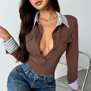 �L�䷭�Iƴ��ϵ���B�w�� Long sleeved lapel patchwork jumpsuit