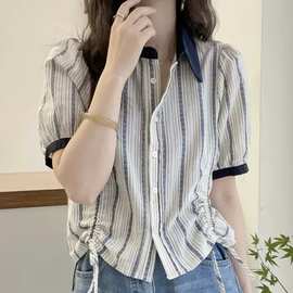 竖条纹翻领棉麻衬衫女欧洲站夏装2026新款欧货女装时尚洋气小衫潮