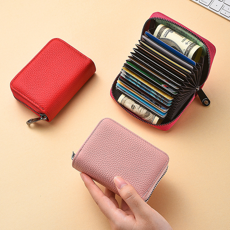 2026 New Genuine Leather Card Holder, Anti-Demagnetizing and Anti-Theft Card Cover, Women's Multi-Card Slot Card Clip with Zipper, Credit Card Holder
