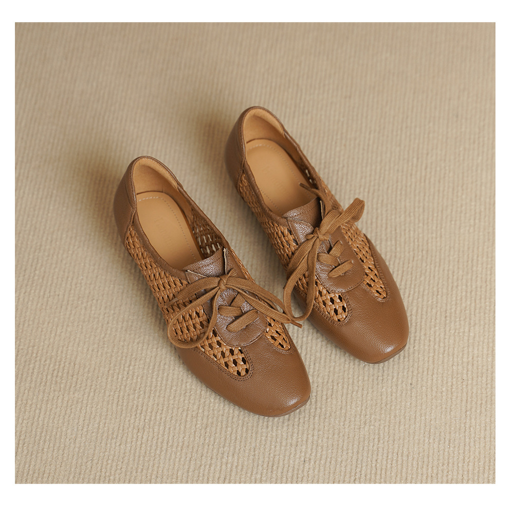 Giày sneaker nữ da cừu lỗ rỗng phong cách DeTrain đế mềm — Vàng nâu chi tiết 14