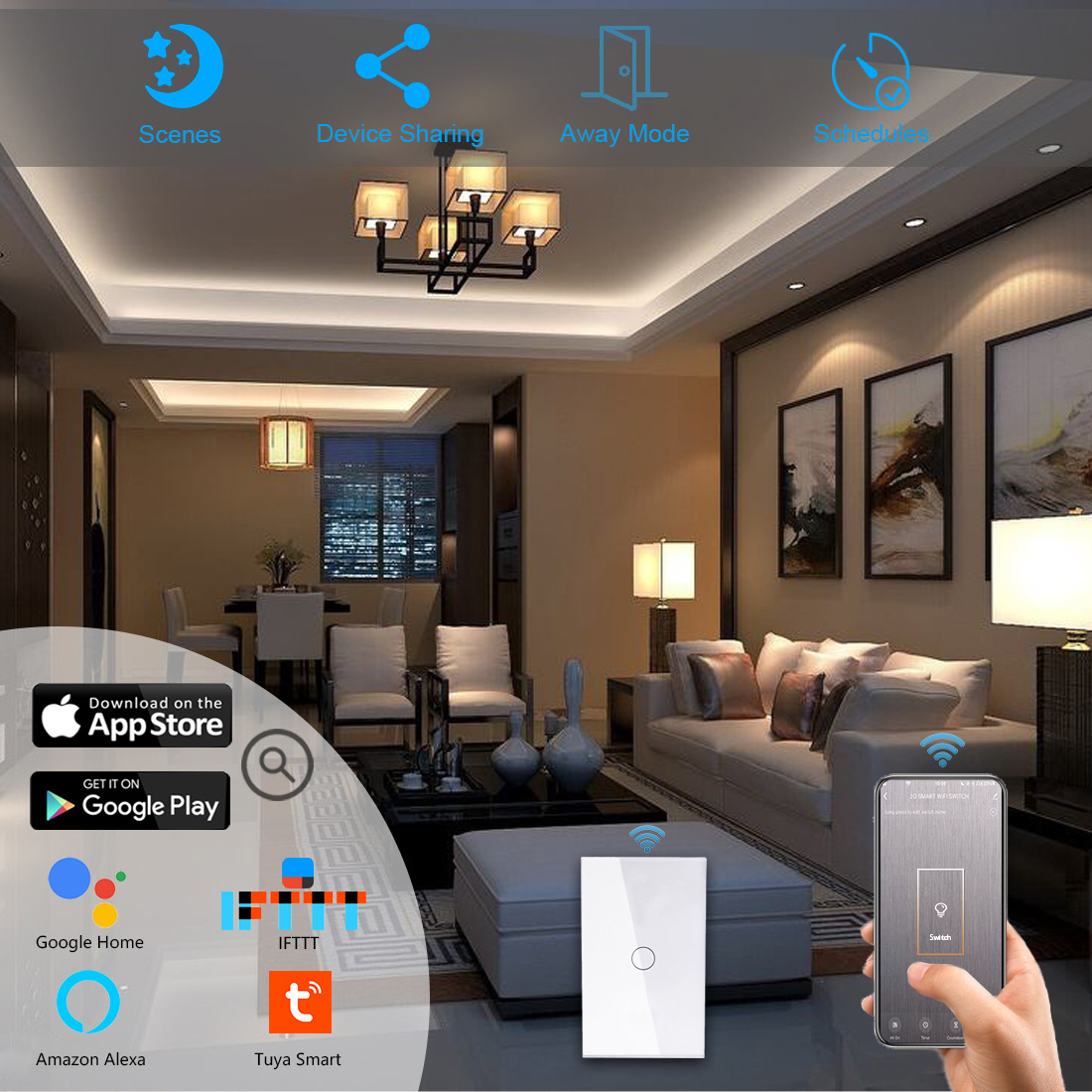 Tuya Akıllı Anahtar ABD/Avustralya Standardı Alexa Sesli Kontrol Tek Nötr Evrensel WiFi Akıllı Anahtar Paneli