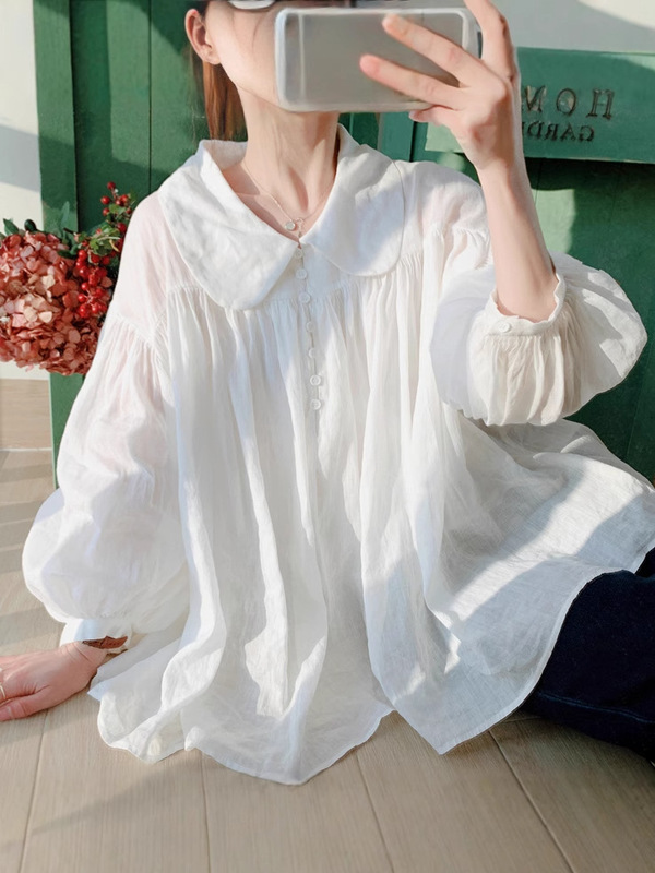 日系森女娃娃领文艺棉麻白衬衫长袖女秋季复古灯笼袖苎麻衬衣大码|undefined