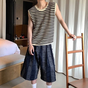American Retro Striped Hollow Knit Vest for Men and Women, Unique Design, Casual Sleeveless Vest Top Trendy