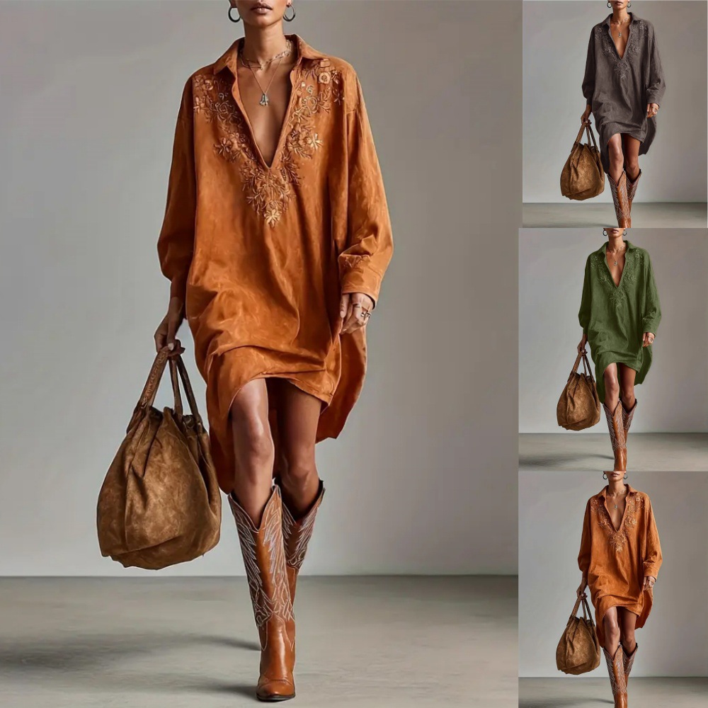 新款重工刺绣欧美跨境长袖衬衫裙子新款休闲宽松衬衣裙仿麂皮绒