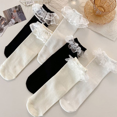 花邊襪子女春夏新款日系少女甜美網紗雙層木耳邊黑白色學院風襪子