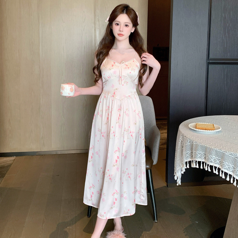 Summer Internet Trendy Style Same Style Floral Slip Skirt for Women with Chest Pad Pure Desire Style Ice and Snow Silk Long Skirt Sexy Home Clothes