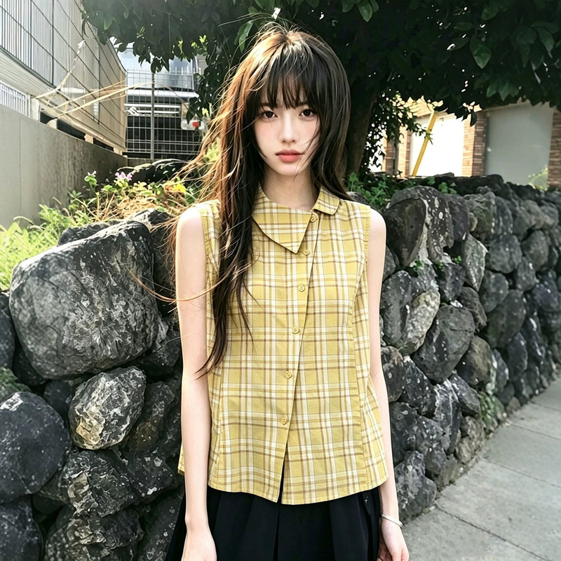Sweet style doll collar yellow plaid sleeveless shirt for women, summer design A-line vest, loose and slimming top