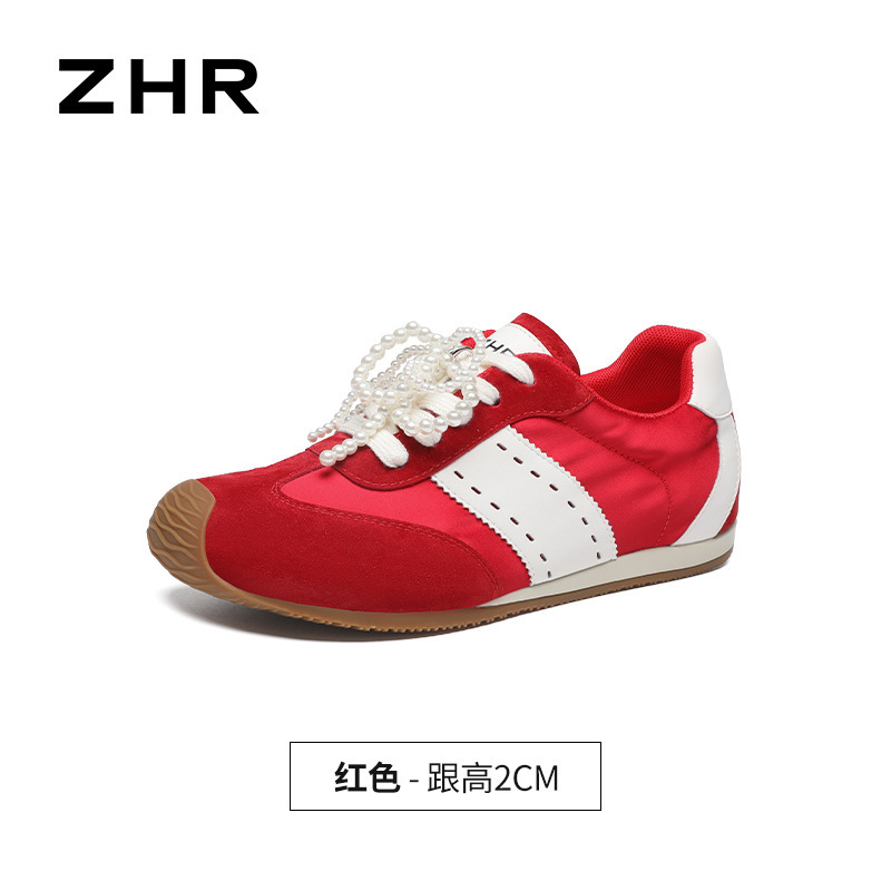 ZHR爆款阿甘鞋女2025新款珍珠缎面透气轻便板鞋平底红色德训鞋|undefined