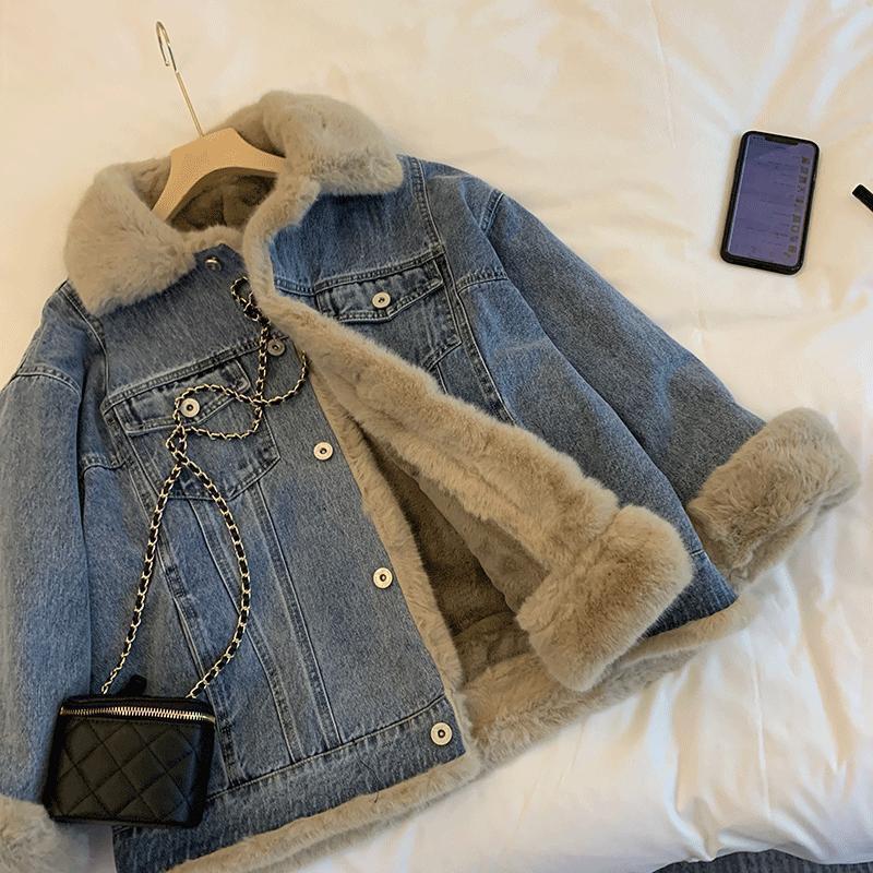子羊の毛のデニムのコートの女性のベルベットの厚い毛のふわふわしたカジュアルbf風の綿の服のゆったりしたパーカーの女性のコートの冬|undefined