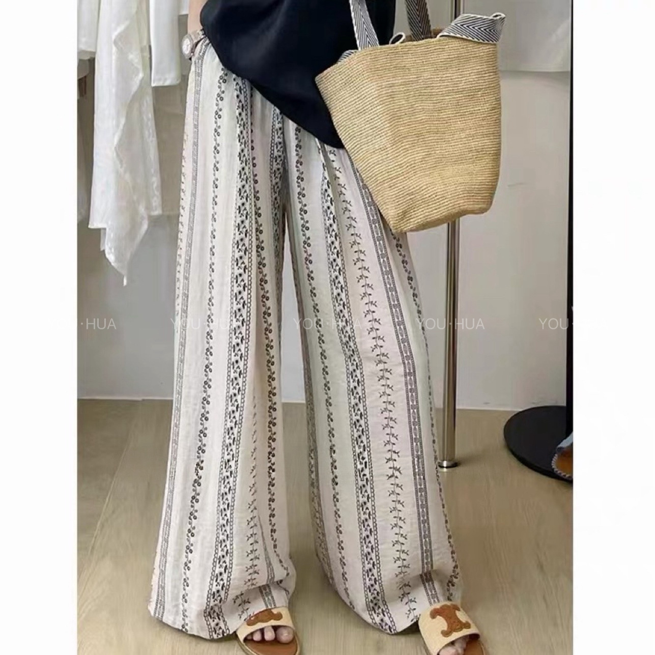 Pantalones de pijama de seda de algodón Pantalones de pierna ancha de seda de algodón fino para mujer