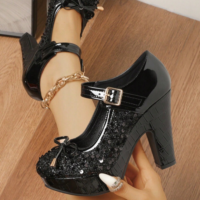 2024 Spring Black Sequin Patchwork Women's Shoes Thick Heel High Heel Casual Shoes Mary Jane Buckle Shallow Strap Single Shoes for Women 2024 Spring Black Sequin Patchwork Women's Shoes Thick Heel High Heel Casual Shoes Mary Jane Buckle Shallow Strap Single Shoes for Women