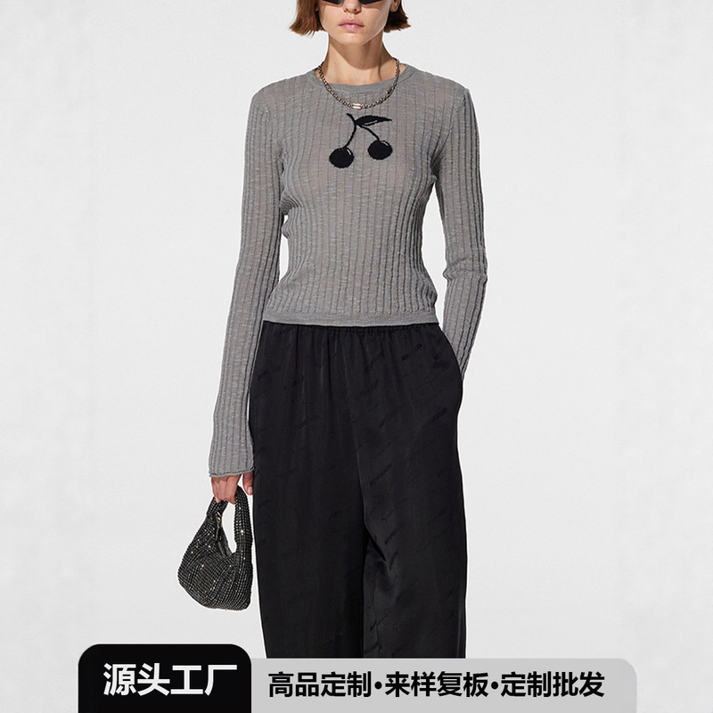 [Factory Direct Sales] Cherry Print Knitwear for Women, New Autumn Style Slim Fit Round Neck Long-Sleeved Sweater Top