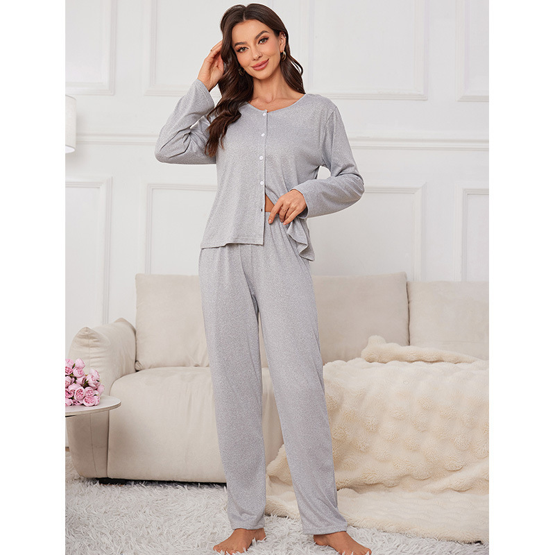 Solid Color Knitted Cotton Pajamas Set, Long Pants, Long-Sleeved Home Clothes, Amazon Factory Ready Stock, Warm and Comfortable