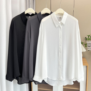 Summer Plus Size Women 100kg Fat Sister New Versatile Pure Color Light Ice Silk Shirt Sun Protection Clothing Outer Wear 4141