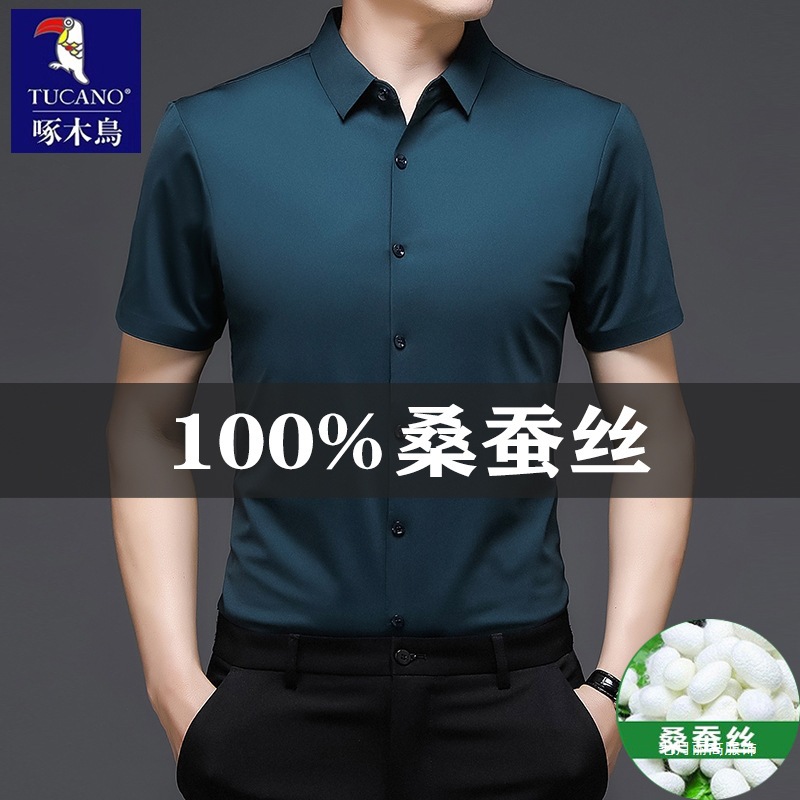 啄木鸟桑蚕丝无痕短袖衬衫男2026夏季新款商务正装免烫休闲衬丽高