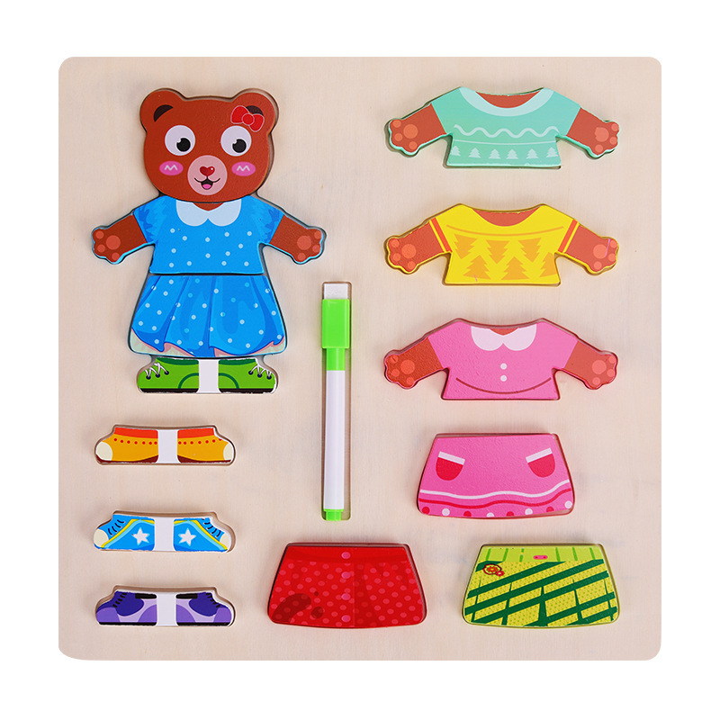 Personajes de madera para niños Vestir Tablero de dibujo de rompecabezas para niñas Tablero de escritura de graffiti Educación temprana Juguetes educativos al por mayor