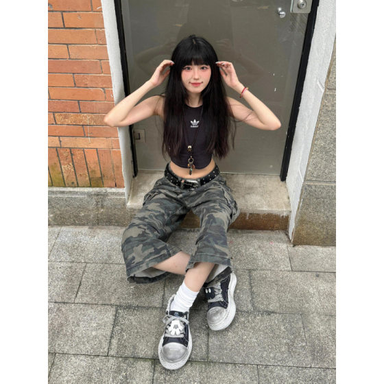 American Retro Camouflage Wide-Leg Jeans for Men and Women, Summer Fashion Versatile High-Waisted Loose Straight Cargo Cropped Pants
