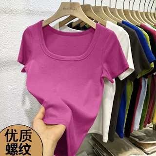 2026春夏季螺纹高级感气质方领正肩修身显瘦短袖T恤女通勤夏新款