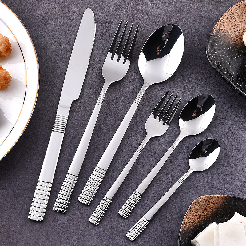 New Hot-selling Popular High-grade Grid Stainless Steel Tableware Western Steak Knife and Fork Spoon Creative Honeycomb Square Handle