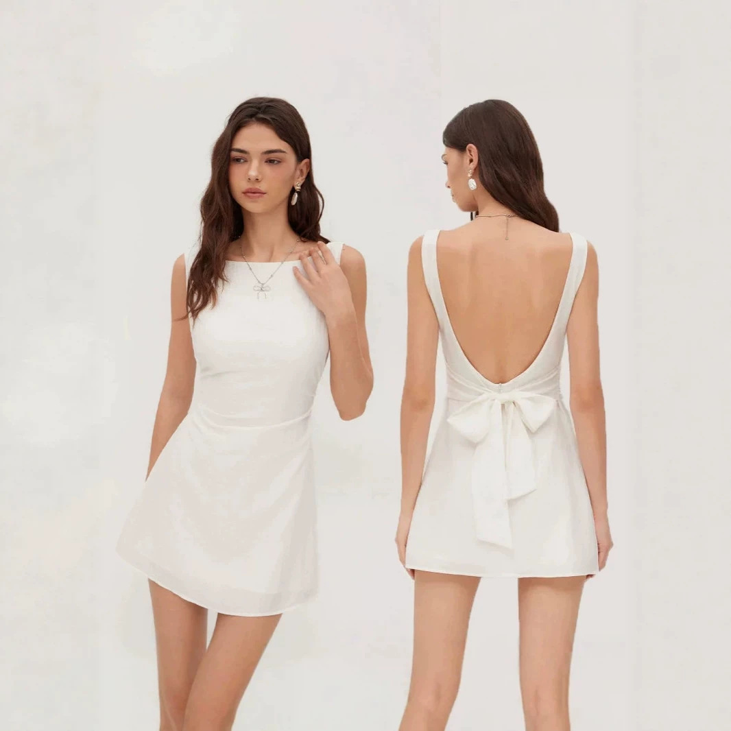 2026 New Cross-Border Style Elegant Backless Bow Dress for Women, Spring and Summer Sleeveless Slim-Fit Short French-Style Dress