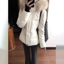 冬季2025新款小个子棉衣面包服白色短款收腰毛领连帽羽绒棉服女装