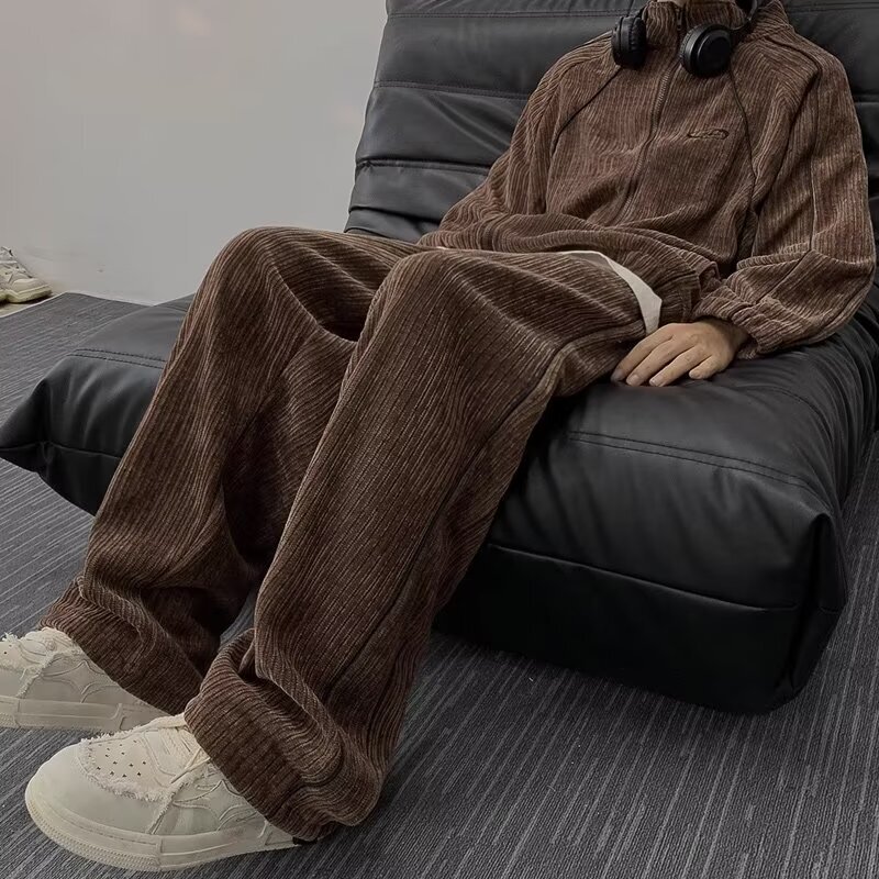 American Casual Versatile Brown Sports Suit Men's Autumn and Winter Sweatshirt Jacket Trendy Matching Corduroy Set