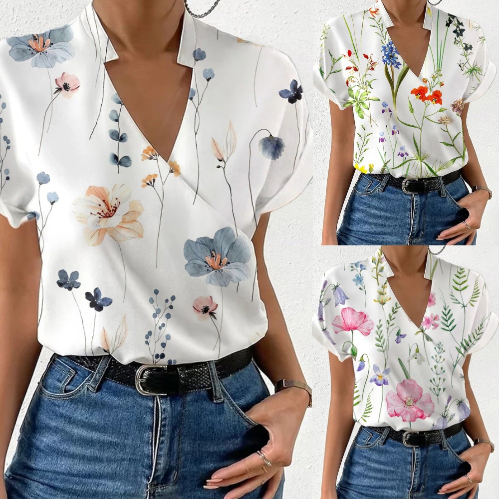 2023 Estación independiente deseo Amazon popular verano suelta cuello en V collar impreso camisa ropa de mujer image 1