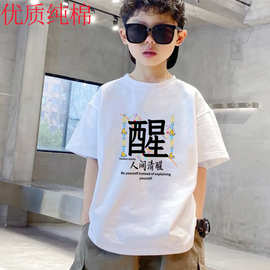 定制2026马年儿童装中大童透气纯棉男童短袖t恤潮T款夏款上衣白色