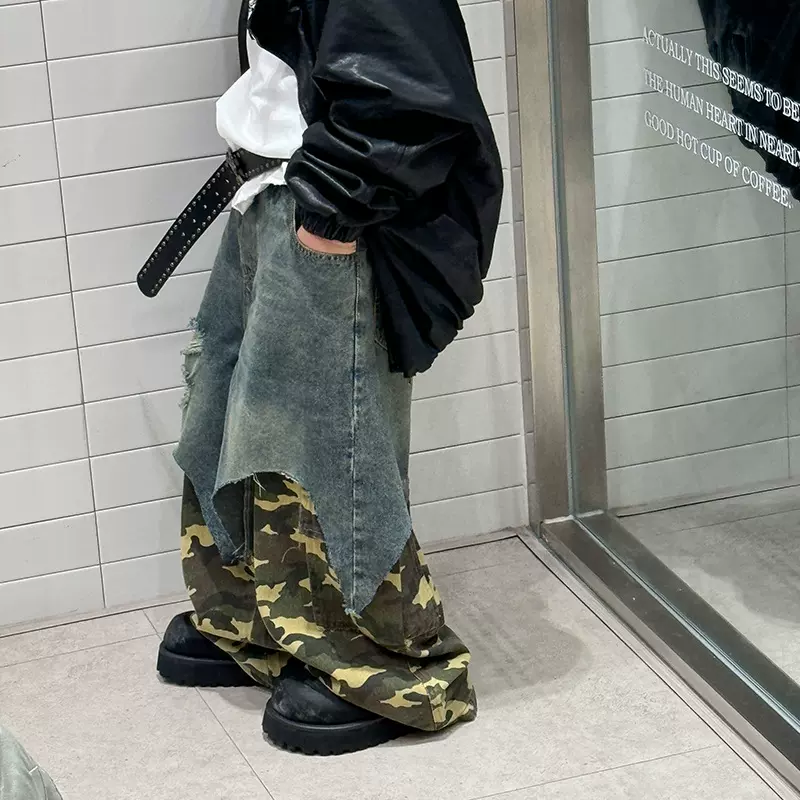 儿童牛仔拼接假两件长裤以鸿制衣2025秋童装男童宽松迷彩工装裤子