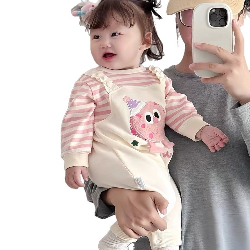 (现货)婴儿衣服秋季连体衣新生儿女卡通条纹假两件长袖哈衣爬服|undefined