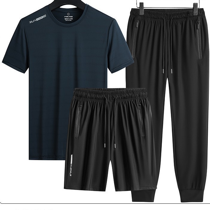 Trajes deportivos transfronterizos para hombres de verano de seda de hielo de manga corta de mediana edad, pantalones rectos para padres de tres piezas de secado rápido