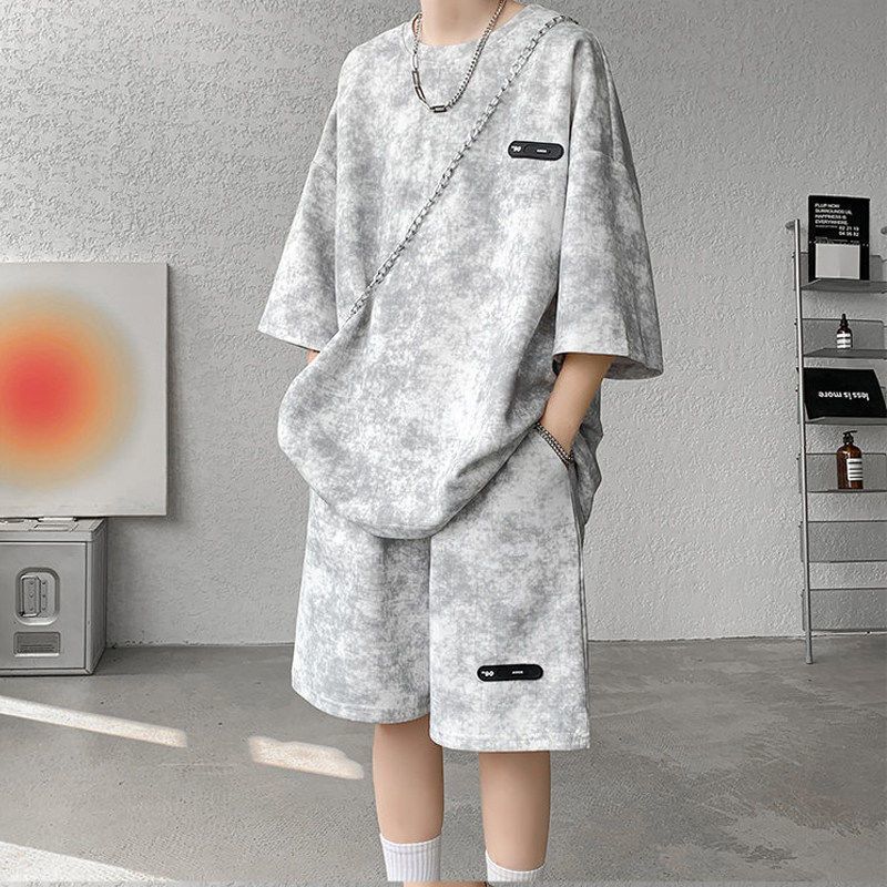 Summer Suit Men's Niche Design Tie-Dye Three-Quarter Sleeve T-Shirt Shorts Trendy Cool and Handsome Plus Size Men's Clothing Set
