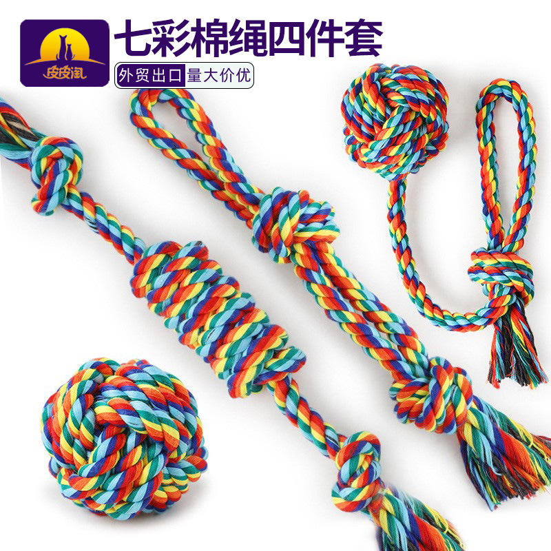 Traje de cuerda de algodón Arco Iris mordida de cuatro piezas mascota perro juguete colorido nudo de cuerda resistente a mordeduras suministros para mascotas al por mayor