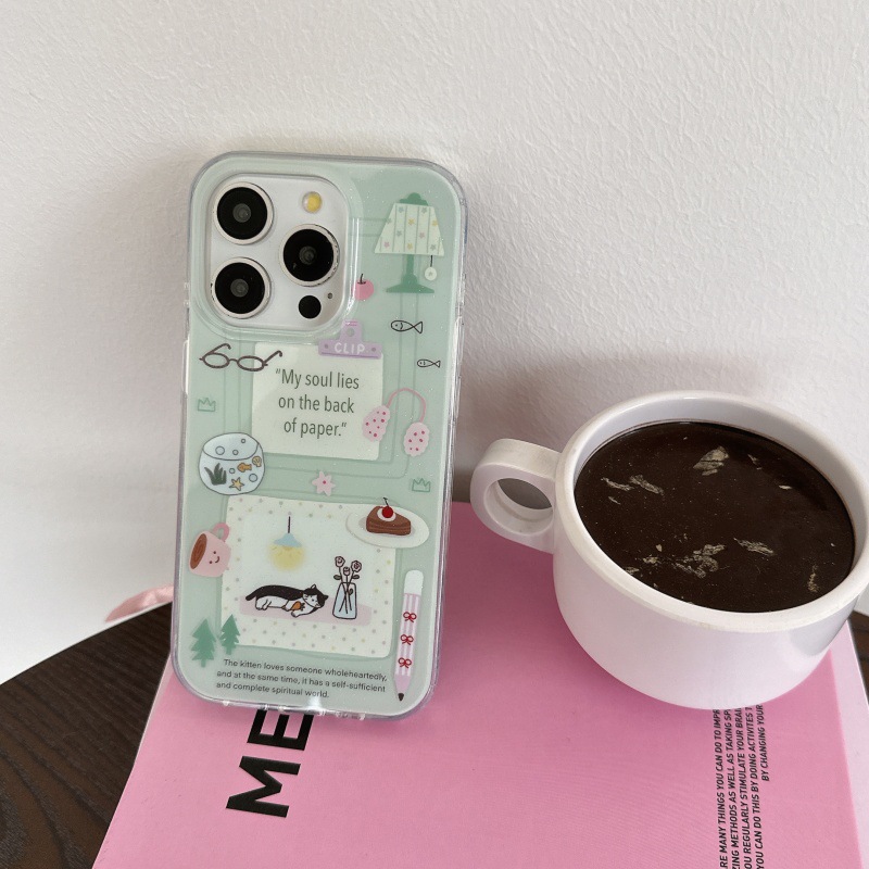 Pequeña lámpara de mesa linda verde fresca para gatos Apple 16ProMax funda para teléfono 15Pro/14Pro Mujer 13P