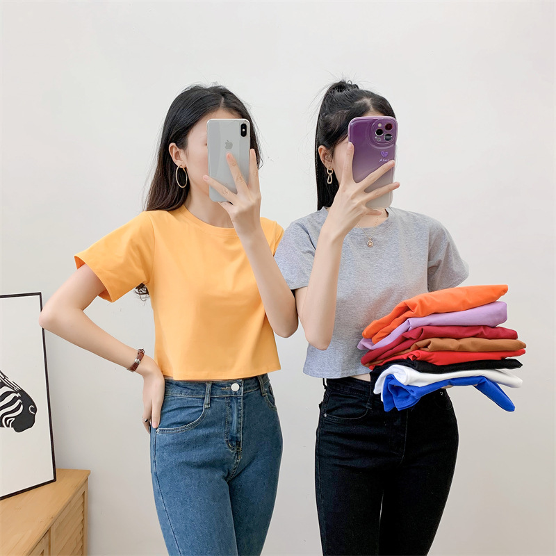 Short T-shirt Women's Summer Korean-style Pure Cotton Short Navel Leakage Loose Short-sleeved High-waisted Top Short T-shirt Navel-exposed Shirt