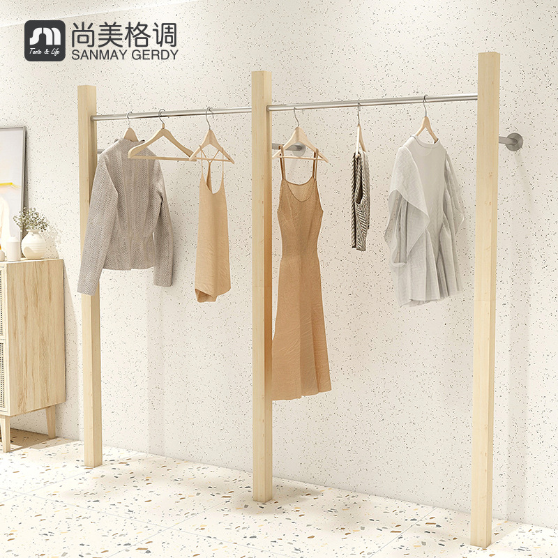 不锈钢木柱靠墙组货合架男女装店服装展示架艺术落地式衣架陈列架