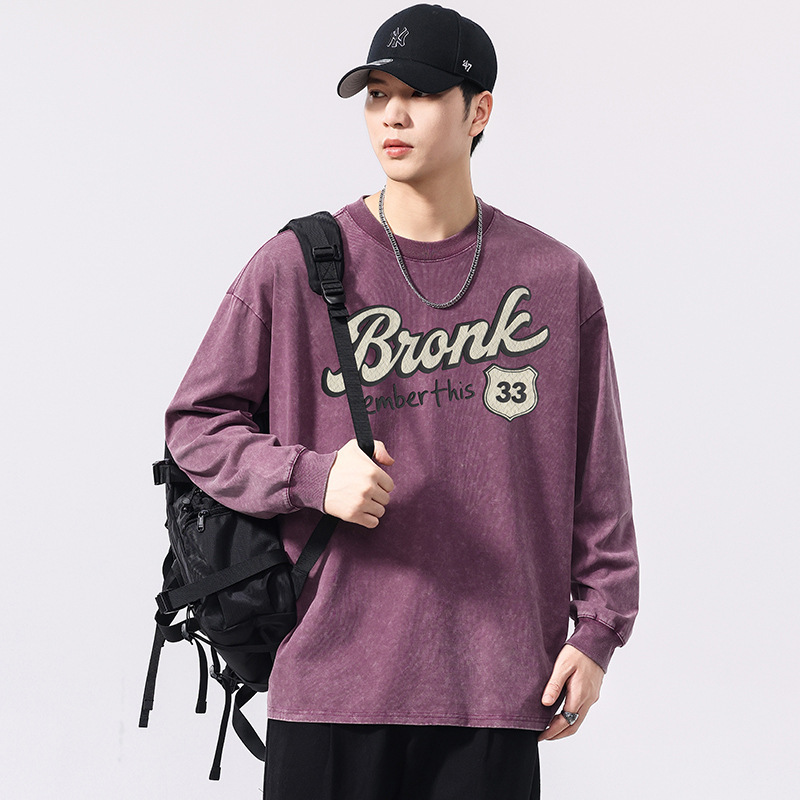 F6853 | Plus Size Men's Autum New Heavy Washed Distressed Long-Sleeved T-Shirt Men's Loose Stereo Printed Top