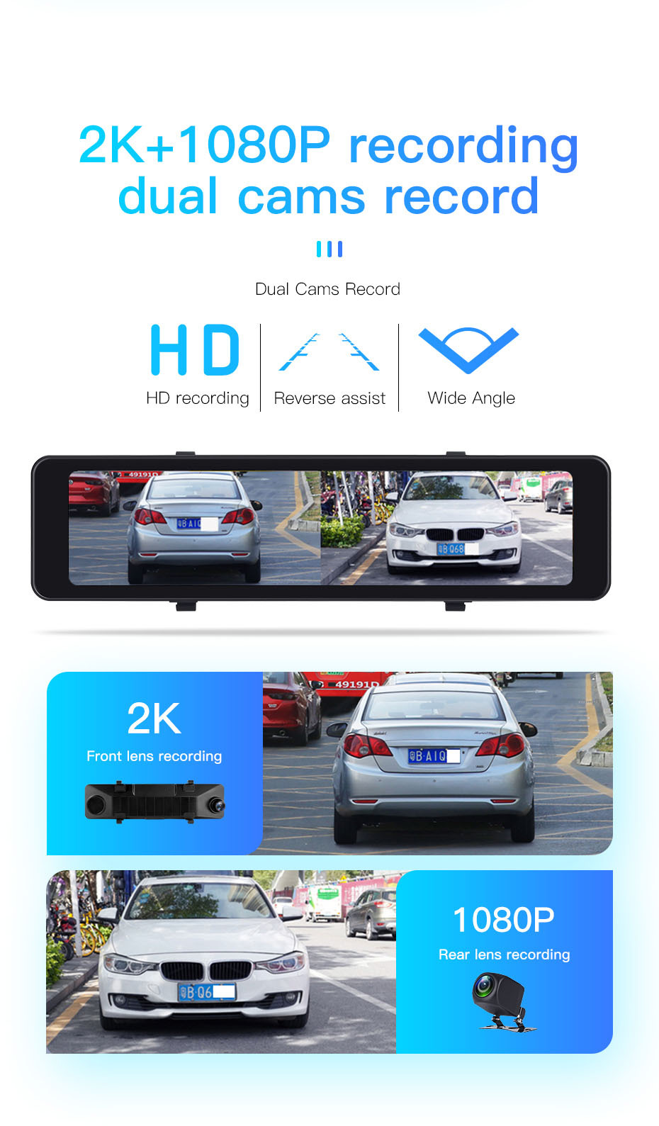 9.66inch 10.3inch 12inch Wireless Carplay Screen Mirroring 4K1080P Rearview Mirror Dual-Channel Dash Cam