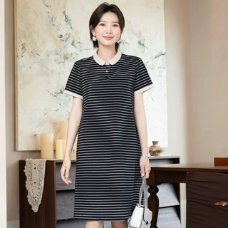 YUN韫夏季新款休闲条纹撞色领短袖连衣裙女收腰显瘦减龄中长裙子
