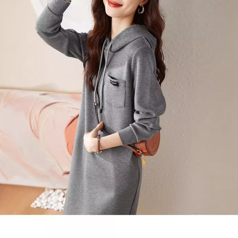 Autumn New Gray Hooded Dress Simple Fashion Casual High-Quality Hooded Over-The-Knee Long-Sleeved a Skirt