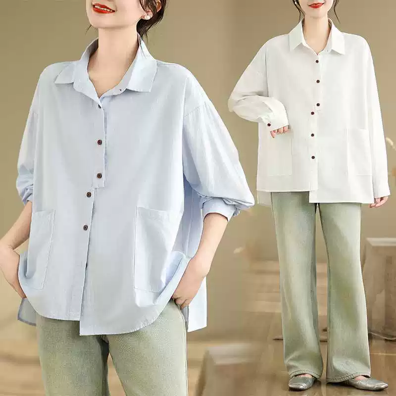 Summer Japanese solid shirt, plus size, loose fit