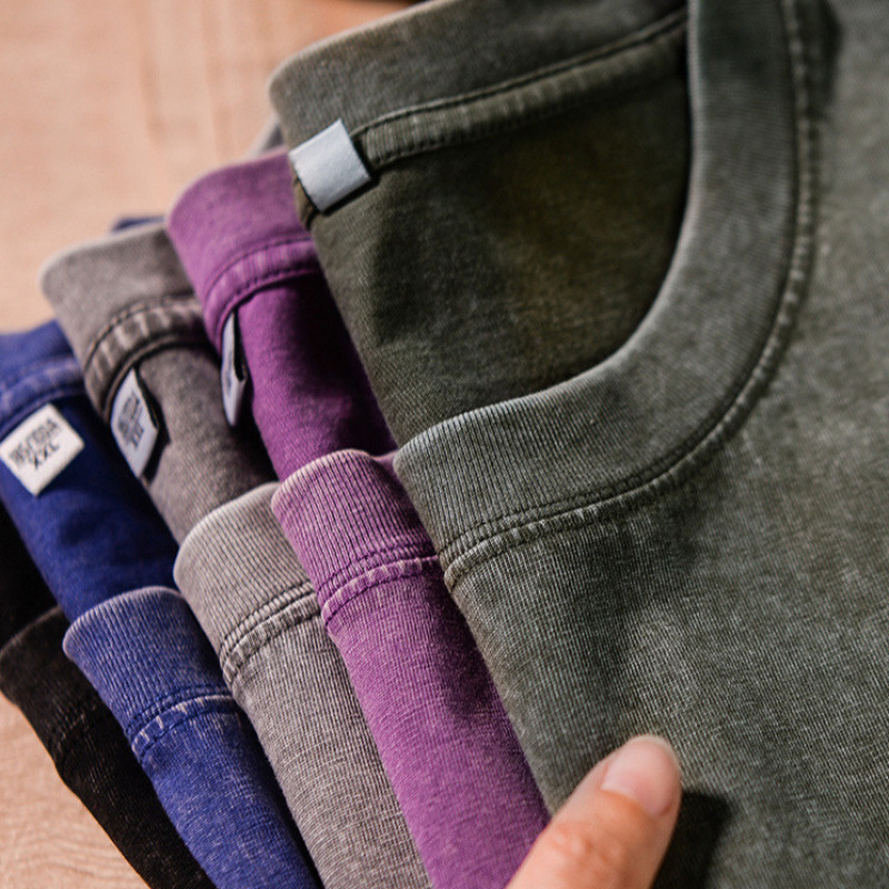 Camiseta retro de manga corta lavada holgada de algodón puro Camiseta transfronteriza de talla grande 230g versión estadounidense de talla europea de los hombres con hombros caídos